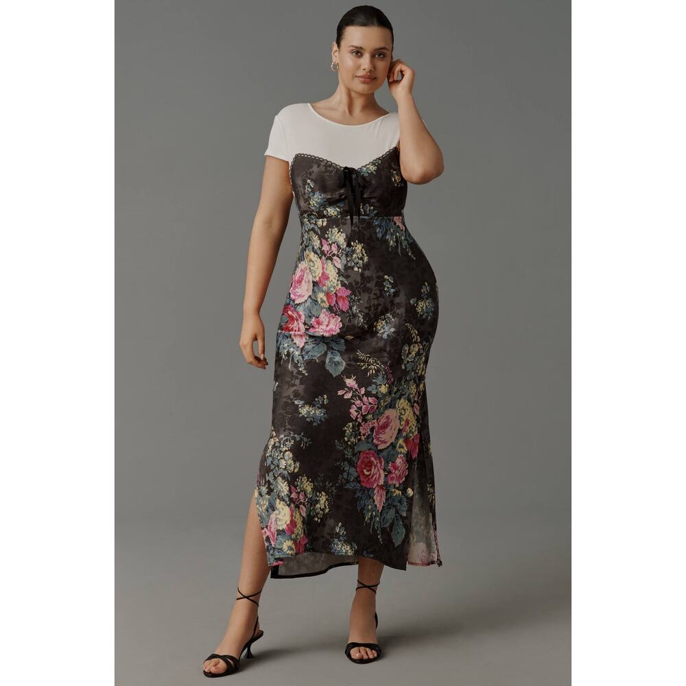 Anthropologie XL Floral Twofer Midi Dress Layered Slip Romantic Cottagecore